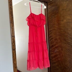 Pink midi dress with tie waist and ruffle detail